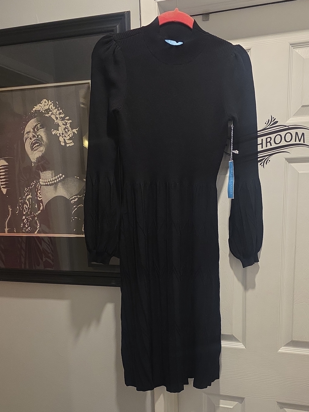 Draper James Black Long Sleeve Knit Midi Dress with Puff Sleeves